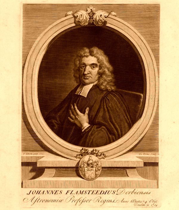 Retrato de John Flamsteed en la portada de su obra Atlas Coelestis publicada en Londres el 1729