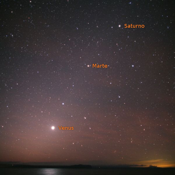 Foto del firmamento con Venus, Marte y Saturno