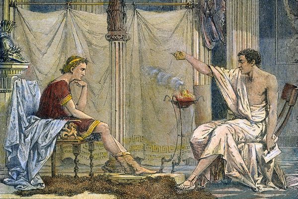 Aristóteles con su pupilo, Alejandro Magno