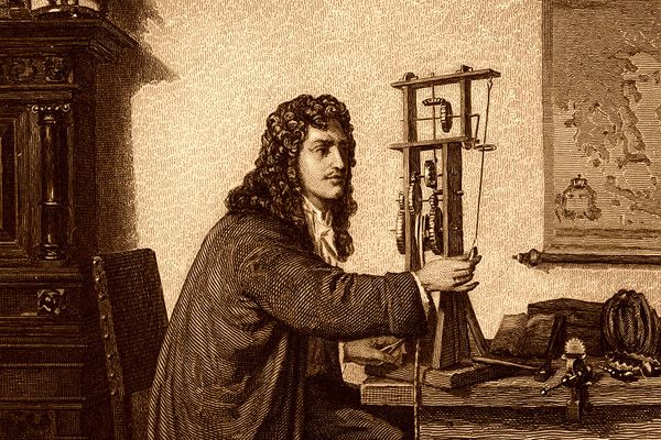 Dibujo de Christiaan Huygens trabajando en su reloj de péndulo