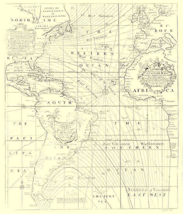 Mapa de Halley de 1701 que muestra las líneas isogónicas en el océano Atlántico
