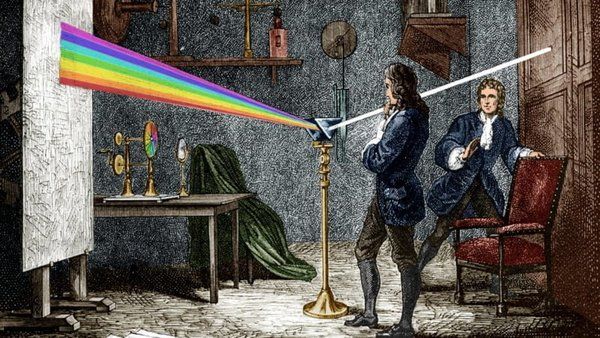 Representación artística de Newton descomponiendo la luz con un prisma de cristal