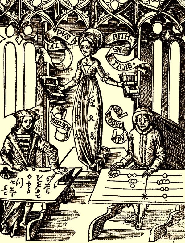 Ilustración de 1504 por Gregor Reisch sobre la disputa entre abacistas (derecha) y algoristas (izquierda)