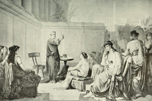 Ilustración de Pitágoras dando clases a mujeres