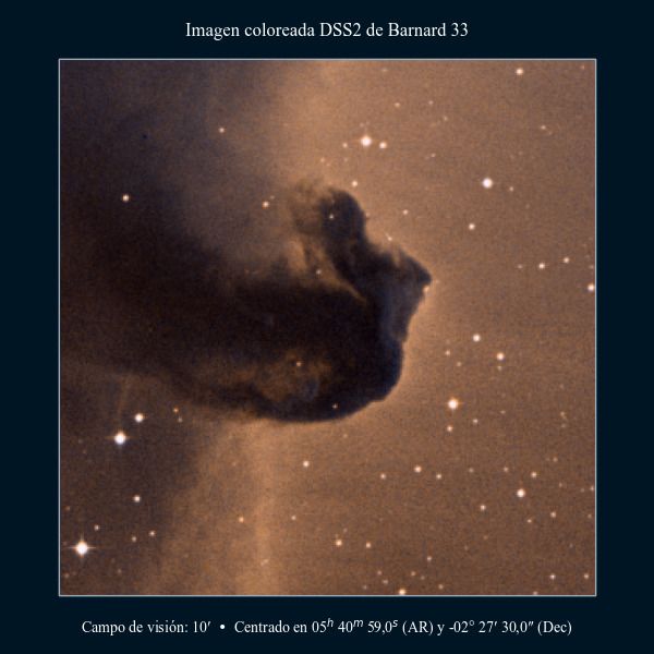 Imagen coloreada en DSS2 de la nebulosa oscura Cabeza de Caballo (Barnard 33)