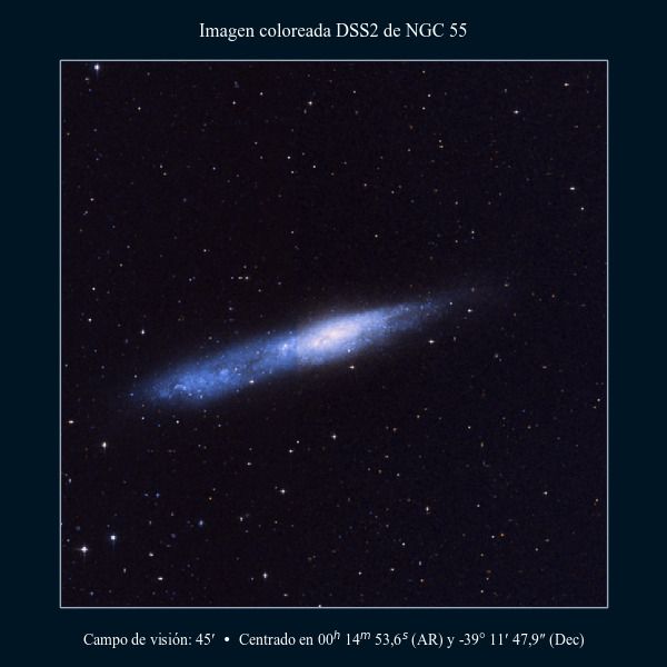 Imagen coloreada en DSS2 de la galaxia de la Ballena (NGC 55)