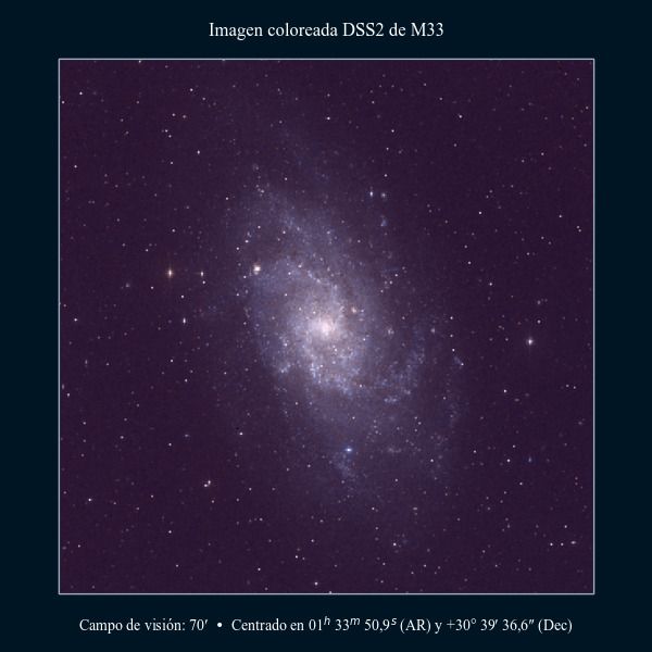 Imagen coloreada en DSS2 de la galaxia del Triángulo (M33, NGC 598)