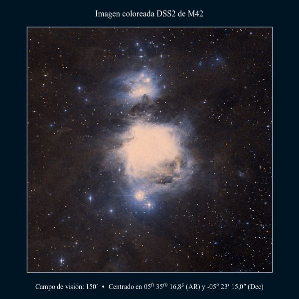 Imagen coloreada en DSS2 de la nebulosa de Orión (M42, NGC 1976) acompañada por la nebulosa de Mairan (M43, NGC 1982) y otras nebulosas más tenues