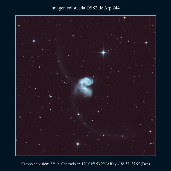 Imagen coloreada en DSS2 de las galaxias Antennae (NGC 4038 y NGC 4039 / Arp 244)