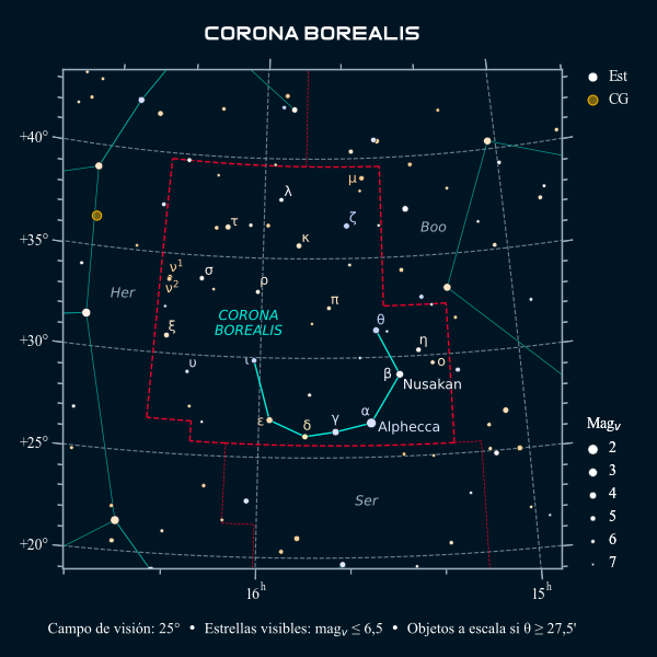 Carta celeste de la constelación de la Corona Boreal