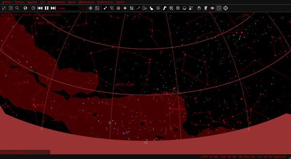 Interfaz de visión nocturna del programa KStars